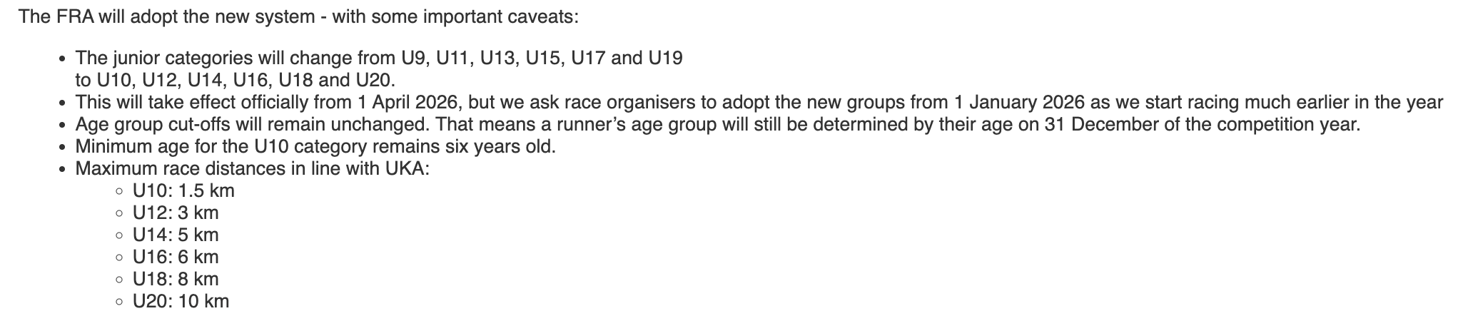 Screenshot of junior distances from FRA